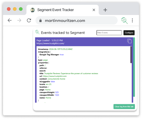 Screenshot of the Segment Event Tracker Chrome Extension